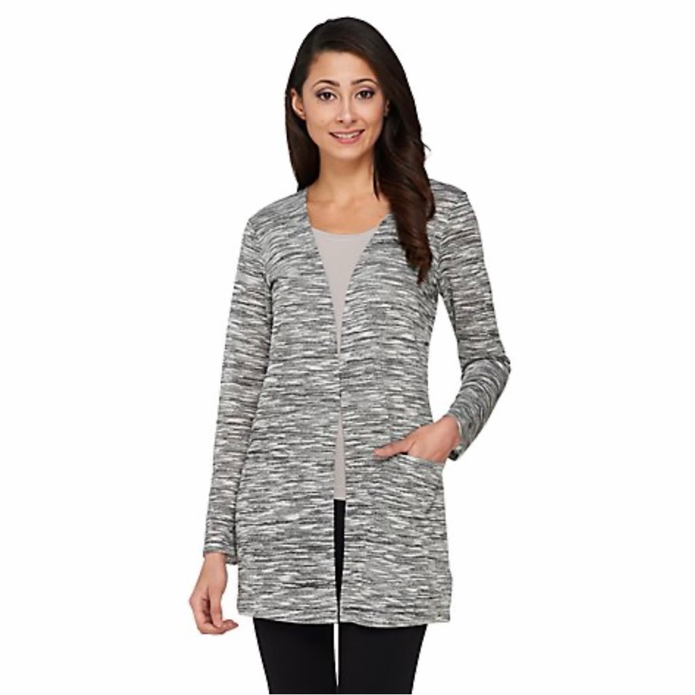 Joan Rivers Heathered Space-Dyed Knit Boyfriend Cardigan NWT Black/White A262485